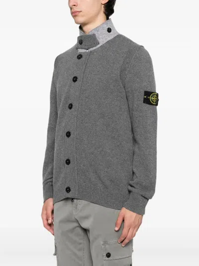 Stone Island Knit Button-up Jumper In Lamb Wool And Nylon Blend In Gray