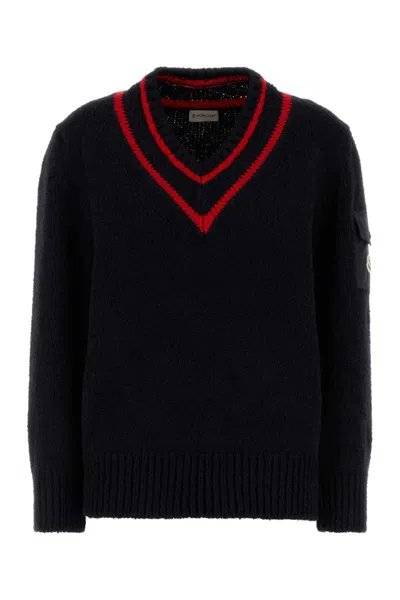 Moncler Wool Blend Sweater With Stripe And Patch In Black