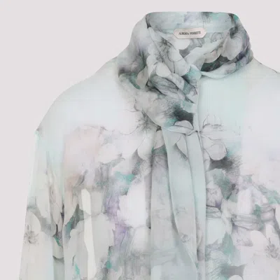 Alberta Ferretti Floral Print Chiffon Blouse With Knot Tie In Blue