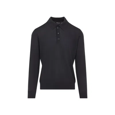 Giorgio Armani Dark Grey Wool Sweater With Polo Collar In Black