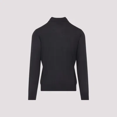 Giorgio Armani Dark Grey Wool Sweater With Polo Collar In Black
