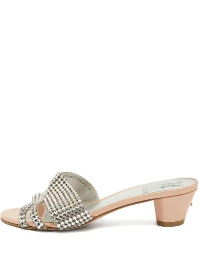 Pre-owned Gina Crystal-embellishment Leather Sandals In Silver