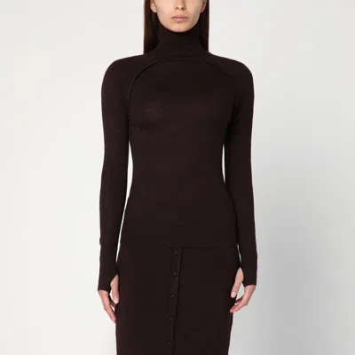 Victoria Beckham Brown Turtleneck Sweater With Logo Patch On The Sleeve In Cotton Blend Woman
