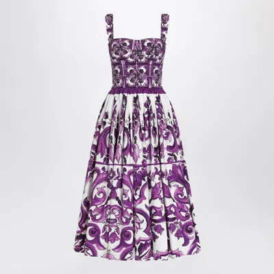 Dolce & Gabbana Dress With Purple Majolica Print In Cotton Poplin In Purple