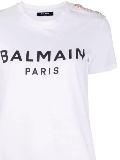 Balmain White Crewneck T-shirt With Logo Print And Golden Buttons In Jersey Woman