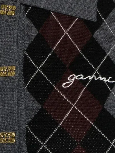 Ganni Grey Sweater With Classic Collar And Check Motif On The Front In Wool Woman