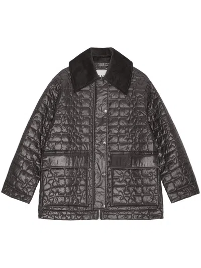 Ganni Shiny Black Quilted Midi Jacket With Pointed Collar In Black