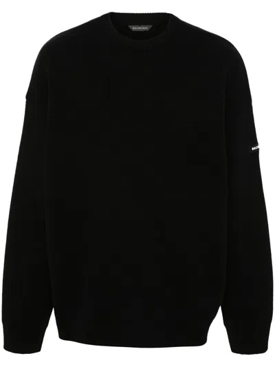 Balenciaga Oversize Double Face Wool Blend Crewneck Sweater In Black