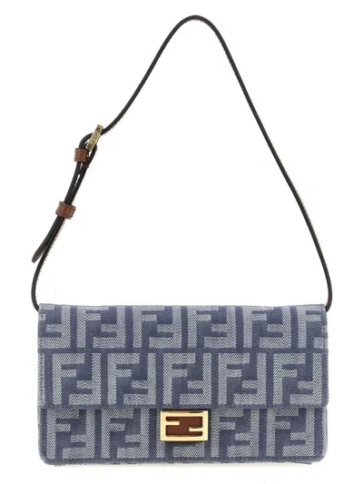 Fendi Denim-effect Ff Jacquard Uette Continental Wallet With Chain Bags In Blue