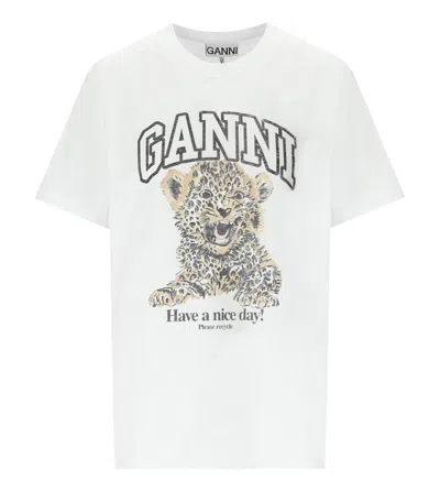 Ganni White T-shirt With Print And Logo Lettering On The Front In Cotton Woman In White