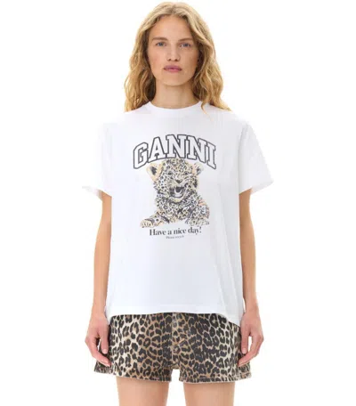 Ganni White T-shirt With Print And Logo Lettering On The Front In Cotton Woman In White