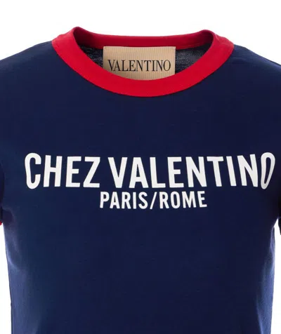 Valentino Crew Neck Cotton T-shirt With Contrast Trim In Blue