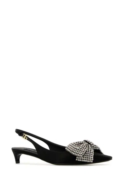 Dolce & Gabbana Black Slingback Pumps With Rhinestone Bow Detail In Silk Blend Woman