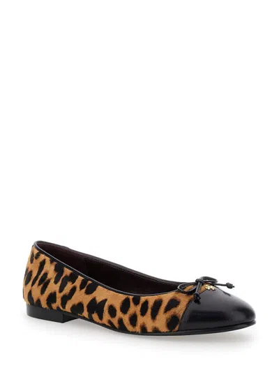 Tory Burch Brown Ballet Shoes With Cap Toe And Leopard Print In Leather Woman