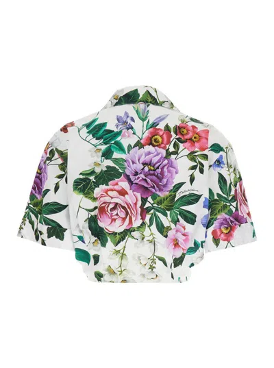Dolce & Gabbana Multicolor Crop Shirt With All-over Floral Motif And Logo Lettering Detail On The Front In Cotton Wo In Multi