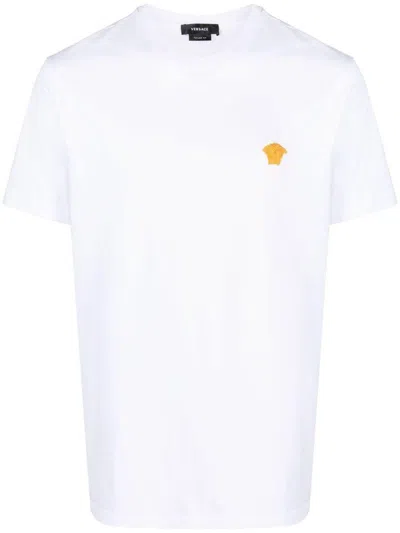 Versace White Crewneck T-shirt With Medusa Embroidery On The Front In Cotton Man