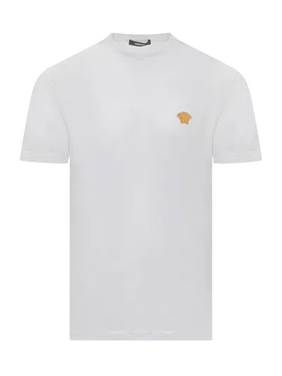 Versace White Crewneck T-shirt With Medusa Embroidery On The Front In Cotton Man