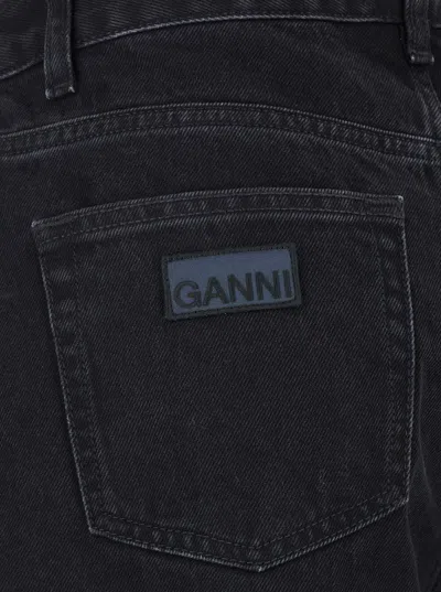 Ganni Black Pants With High Waist And Logo Patch On The Rear In Cotton Woman