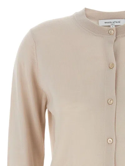 Maison Kitsuné Beige Cropped Cardigan With Round Neck And Logo Embroidery On The Front In Wool Woman