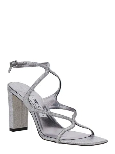 Jimmy Choo 'azie' Metallic Sandals With High Stacked Heel And Criss-cross Strap