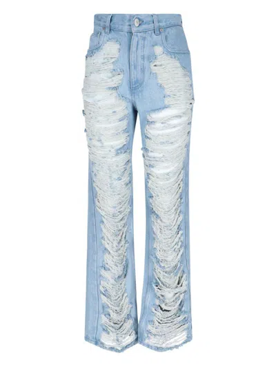Mm6 Maison Margiela Mm6 By Maison Margiela Distressed Straight Leg Denim Jeans With White Stitching