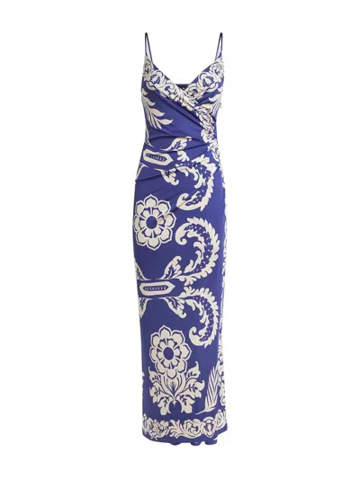 Etro Blue Long Dress With Spaghetti Straps And All-over Print In Tech Fabric Stretch Woman In Blue