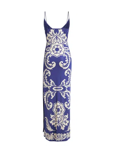 Etro Blue Long Dress With Spaghetti Straps And All-over Print In Tech Fabric Stretch Woman In Blue