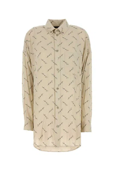 Balenciaga Beige Oversized Shirt With All-over Printed Logo In Viscose Woman In Neutral