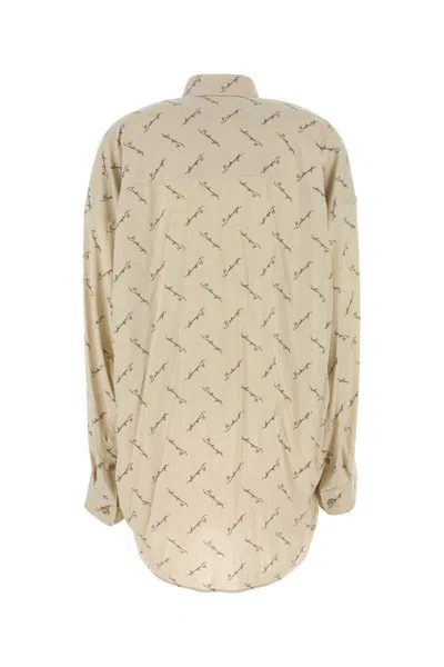 Balenciaga Beige Oversized Shirt With All-over Printed Logo In Viscose Woman In Neutral