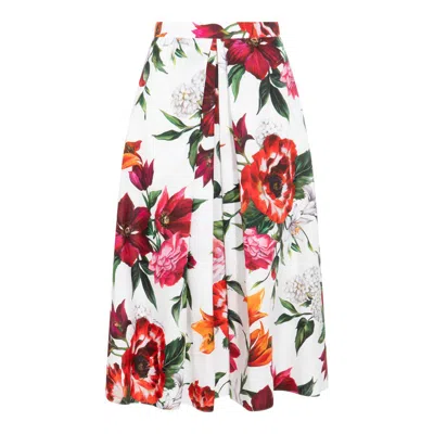 Dolce & Gabbana Multicolor Midi Skirt With All-over Floral Print And Rear Zip Closure In Cotton Woman In Multi