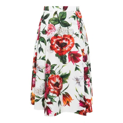 Dolce & Gabbana Multicolor Midi Skirt With All-over Floral Print And Rear Zip Closure In Cotton Woman In Multi