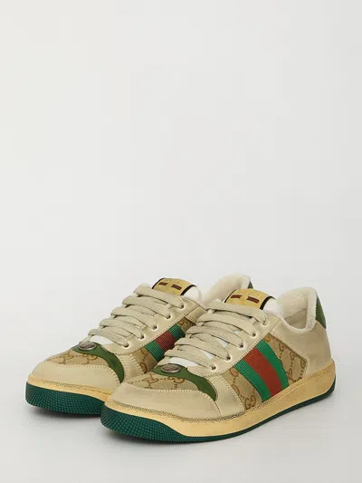 Gucci Screener Embellished Canvas-trimmed Distressed Leather Sneakers