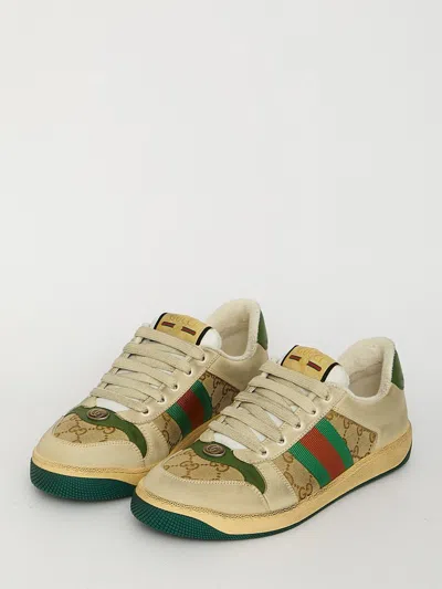 Gucci Screener Embellished Canvas-trimmed Distressed Leather Sneakers
