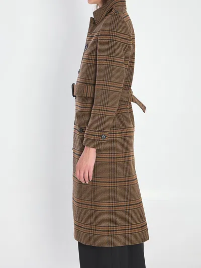 Saint Laurent Long Coat In Prince Of Wales Wool In Brown