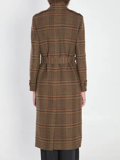Saint Laurent Long Coat In Prince Of Wales Wool In Brown