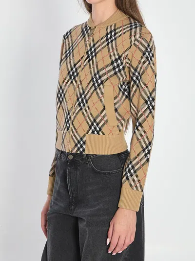 Burberry Cropped Check Knit Sweater With Ribbed Details In Multi