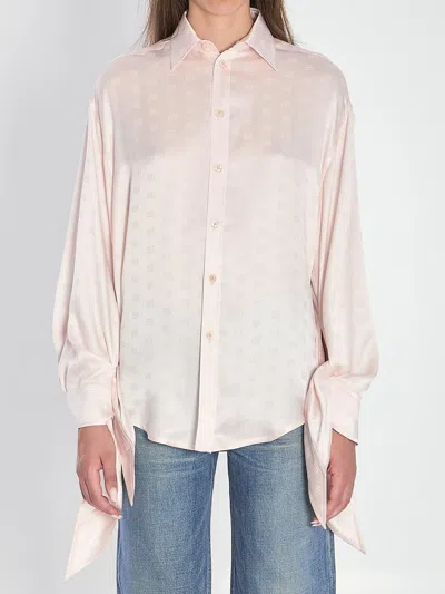 Balenciaga Knotted-cuff Silk Jacquard Button-down Blouse In Pink
