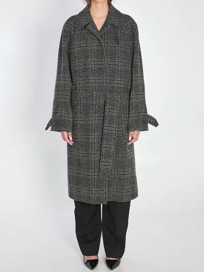 Balenciaga One Layer Checked Belted Coat In Gray