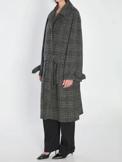 Balenciaga One Layer Checked Belted Coat In Gray