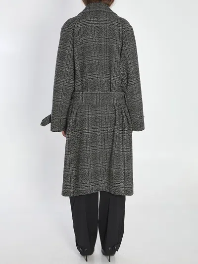 Balenciaga One Layer Checked Belted Coat In Gray