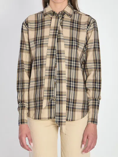 Saint Laurent Pussy-bow Checked Cotton-blend Shirt In Brown