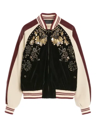 Valentino Sequin And Bead-embellished Velvet Bomber Jacket In Brown