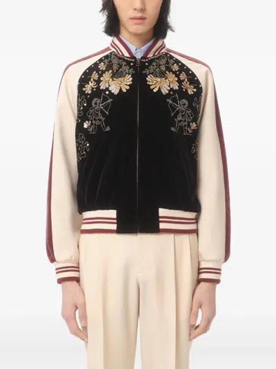 Valentino Sequin And Bead-embellished Velvet Bomber Jacket In Brown