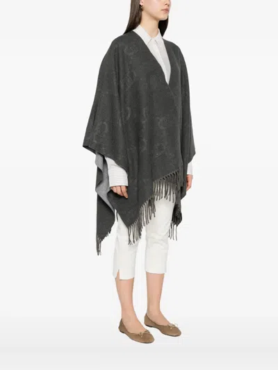 Liu •jo Poncho With Logo And Fringes In Gray