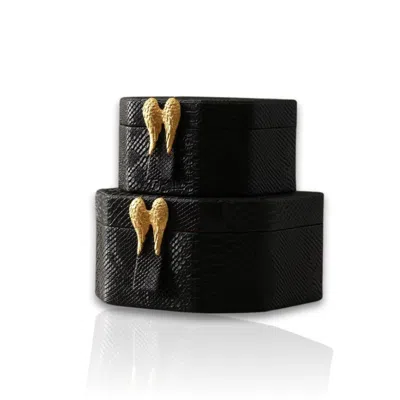 Marleth Gold / Black Set Of Two Black Leather Box Set With Brass Angel Wing Handles