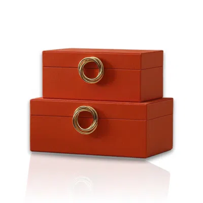 Marleth Orange / Gold Set Of Two Leather Storage Box Set With Brass Ring Handles In Burnt Orange