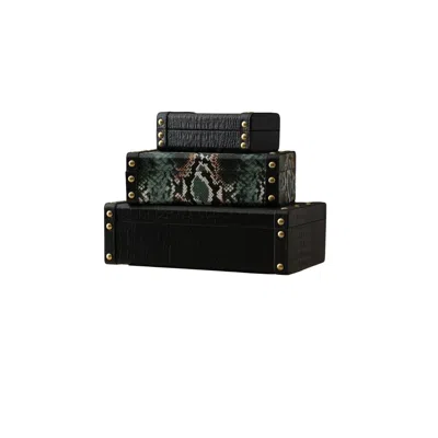 Marleth Green / Black Three Piece Leather Storage Box Set – Black & Snake Print With Brass Stud Detail
