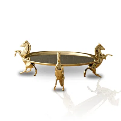 Marleth Round Brass Tray With Three Horse Base & Mirrored Surface – Gold Finish