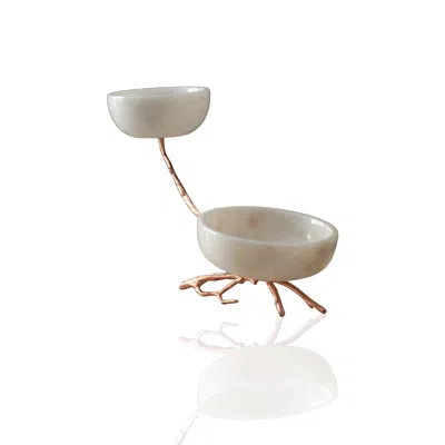 Marleth Gold / White Two-tier White Marble Serving Bowls With Copper Branch Base