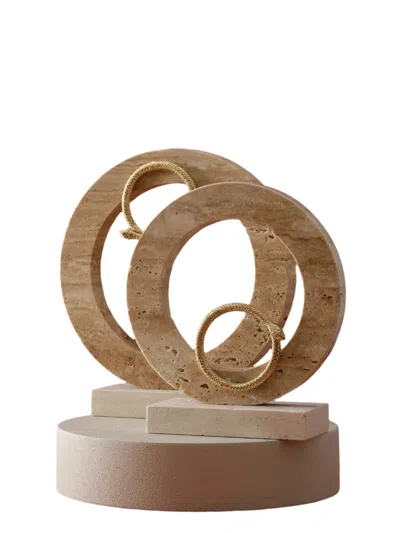 Marleth Neutrals / Gold Brass  Snake Travertine Circle Sculptures, Set Of Two